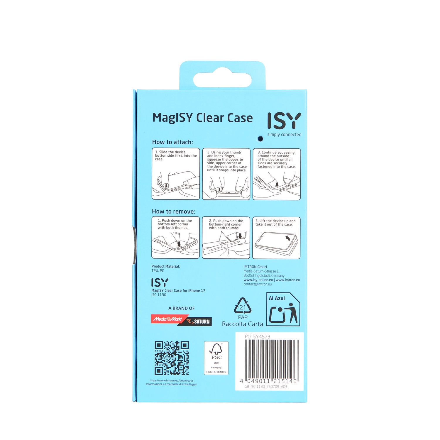 Een transparante MagISY iPhone case verpakking. Instructies tonen hoe de case te bevestigen en te verwijderen. Logo's van MediaMarkt en Saturn zijn zichtbaar.