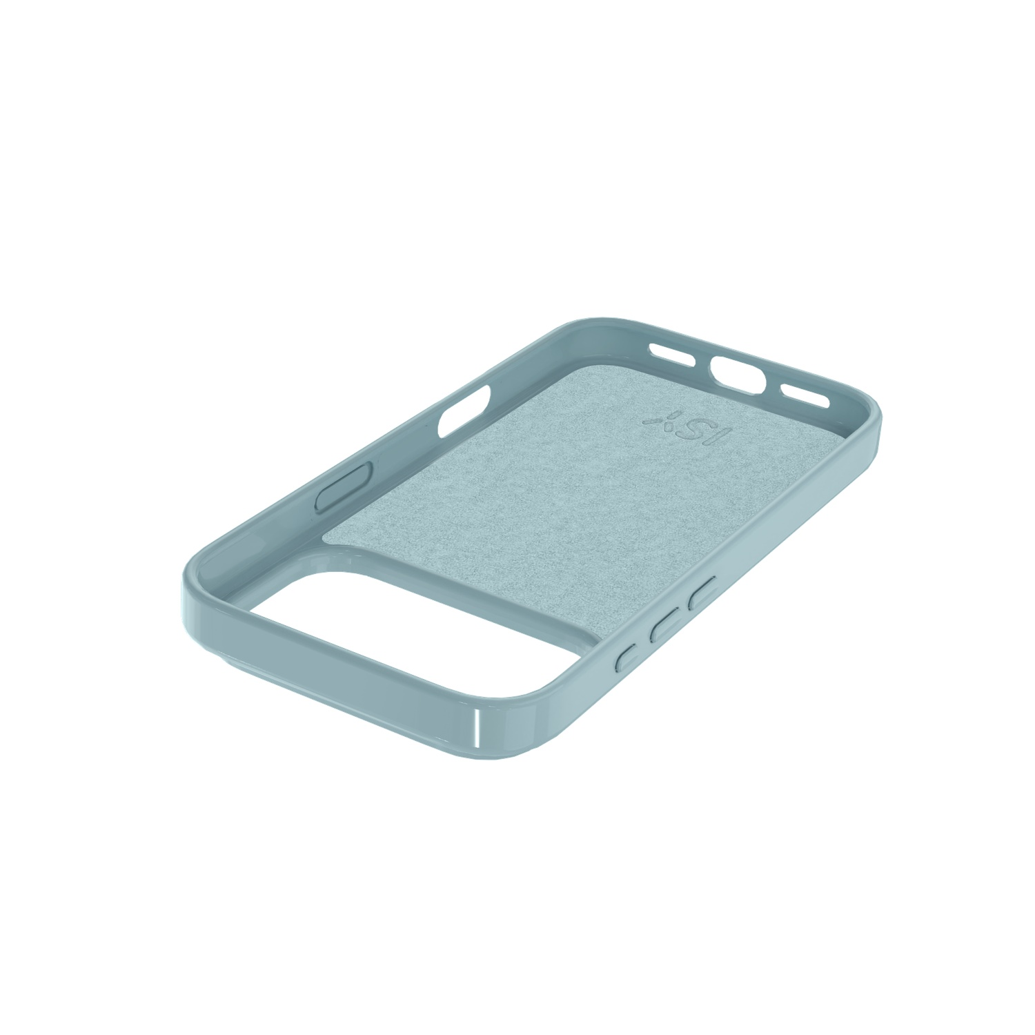 Une coque de téléphone bleu clair avec intérieur doux et découpes pour boutons et appareil photo, sur fond blanc.