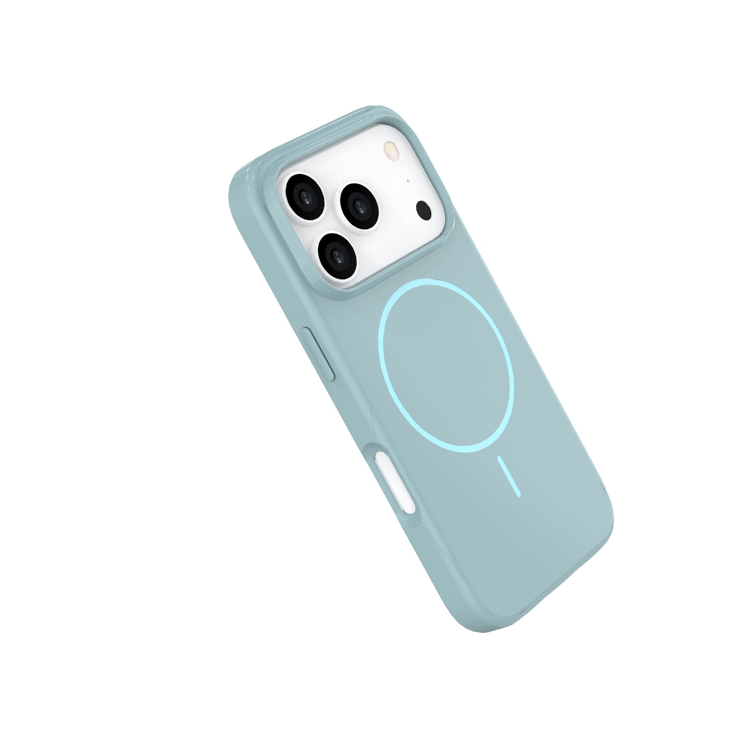 Une coque de téléphone bleu clair avec trois lentilles de caméra et un cercle MagSafe. La coque a un bouton d'alimentation et des boutons de volume.