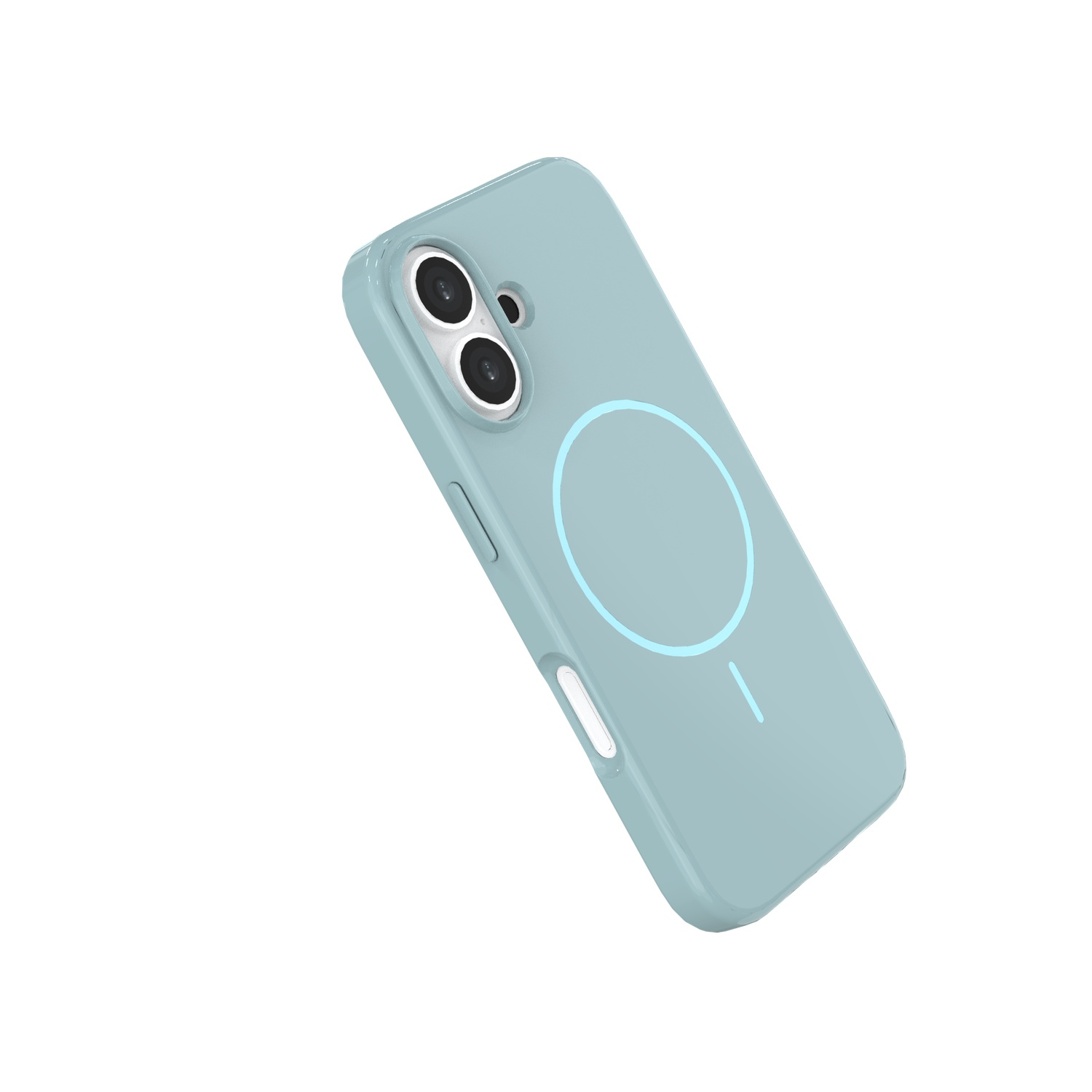 Een lichtblauwe telefoonhoes met cameramodule en magnetische oplaadcirkel tegen een witte achtergrond.