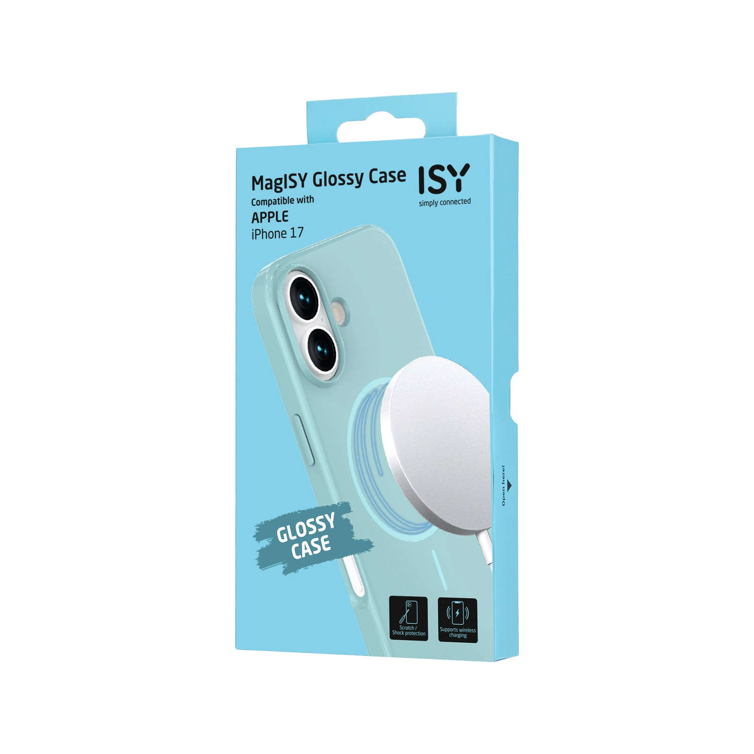 Een telefoonhoesdoos in blauw met een iPhone 17 hoesje erin en de woorden 'MagISY Glossy Case'. De doos is wit en lichtblauw.