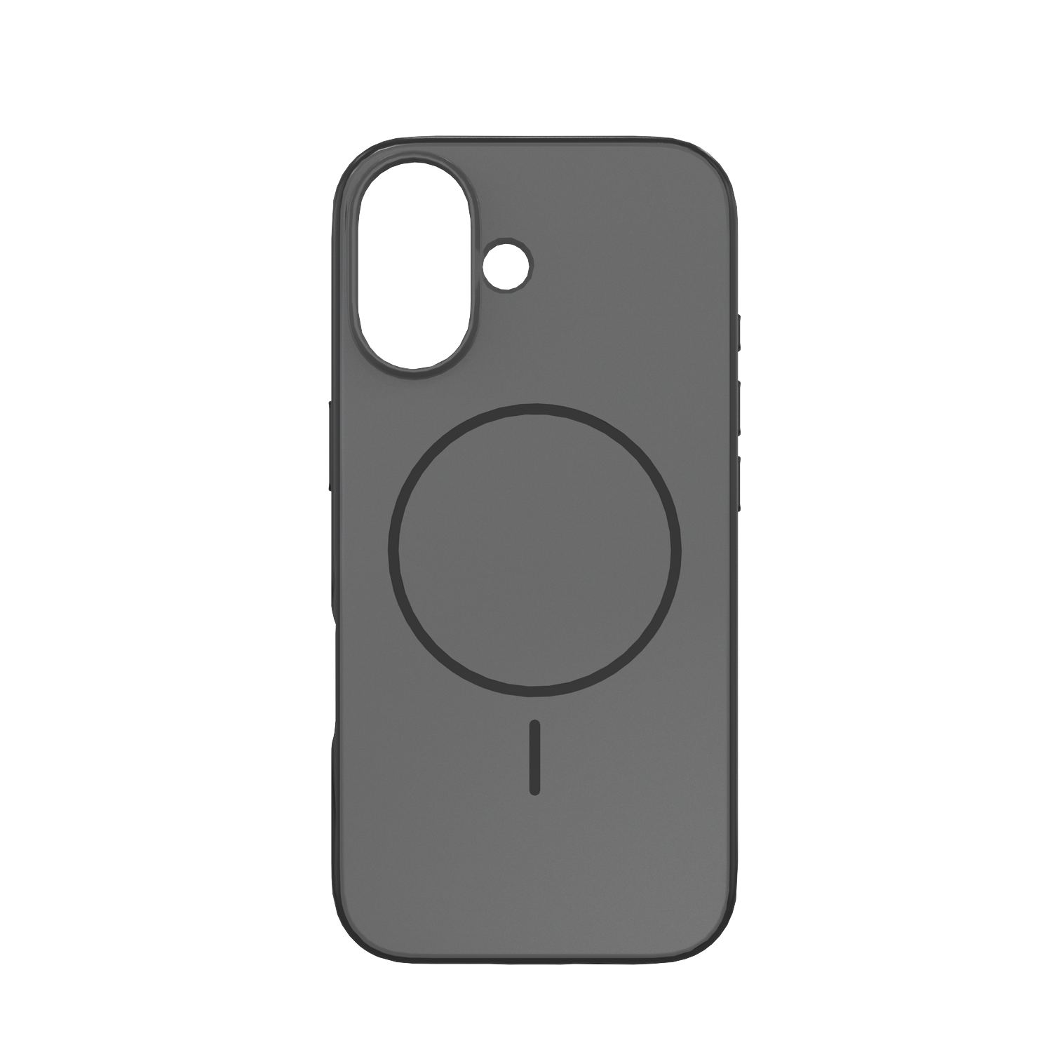 Une coque de téléphone grise sur fond blanc. La coque a une découpe pour l'appareil photo, un cercle et un indicateur de charge.