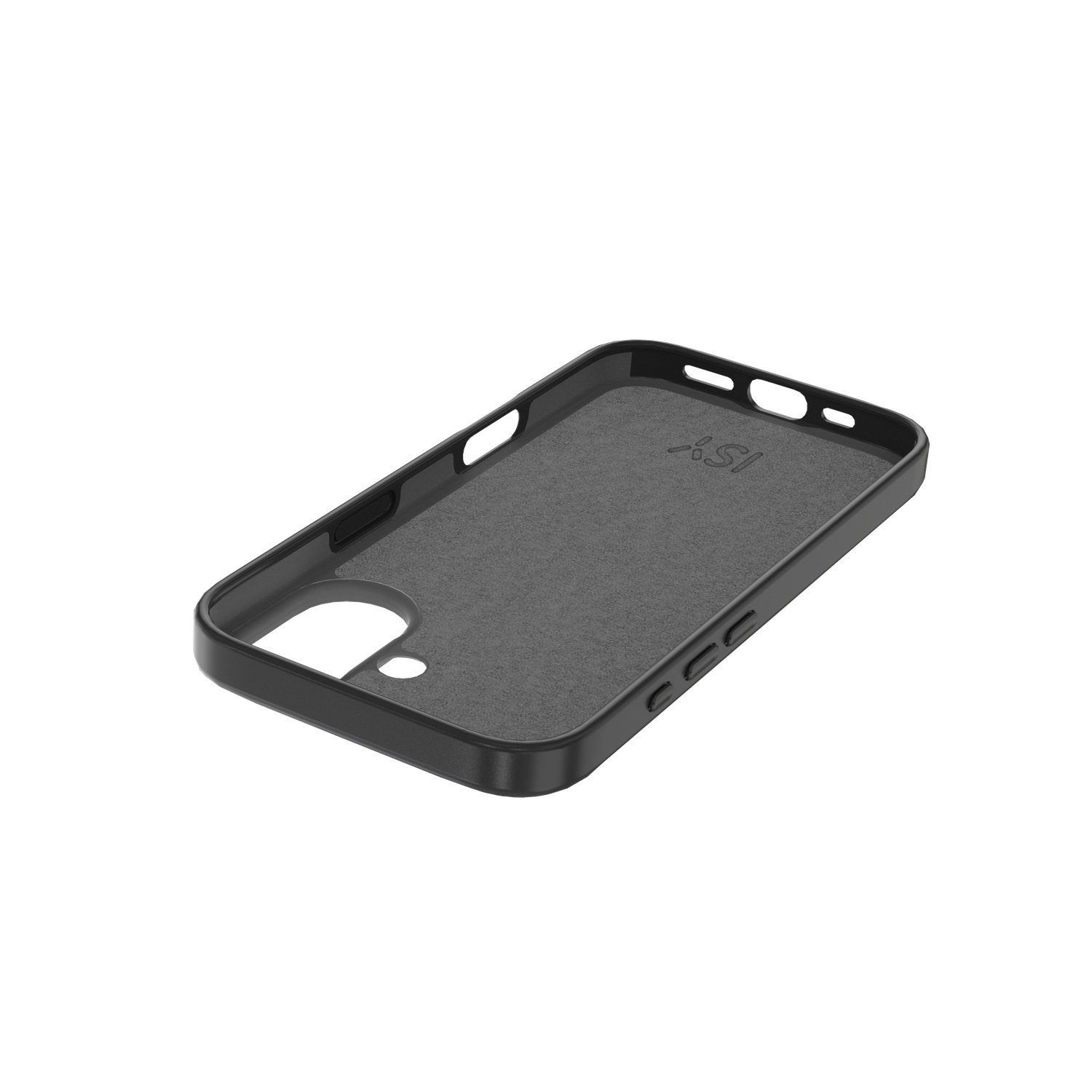 Intérieur d'étui de téléphone noir. Intérieur gris avec cadre noir. La marque ISY est visible à l'intérieur de l'étui, en haut.