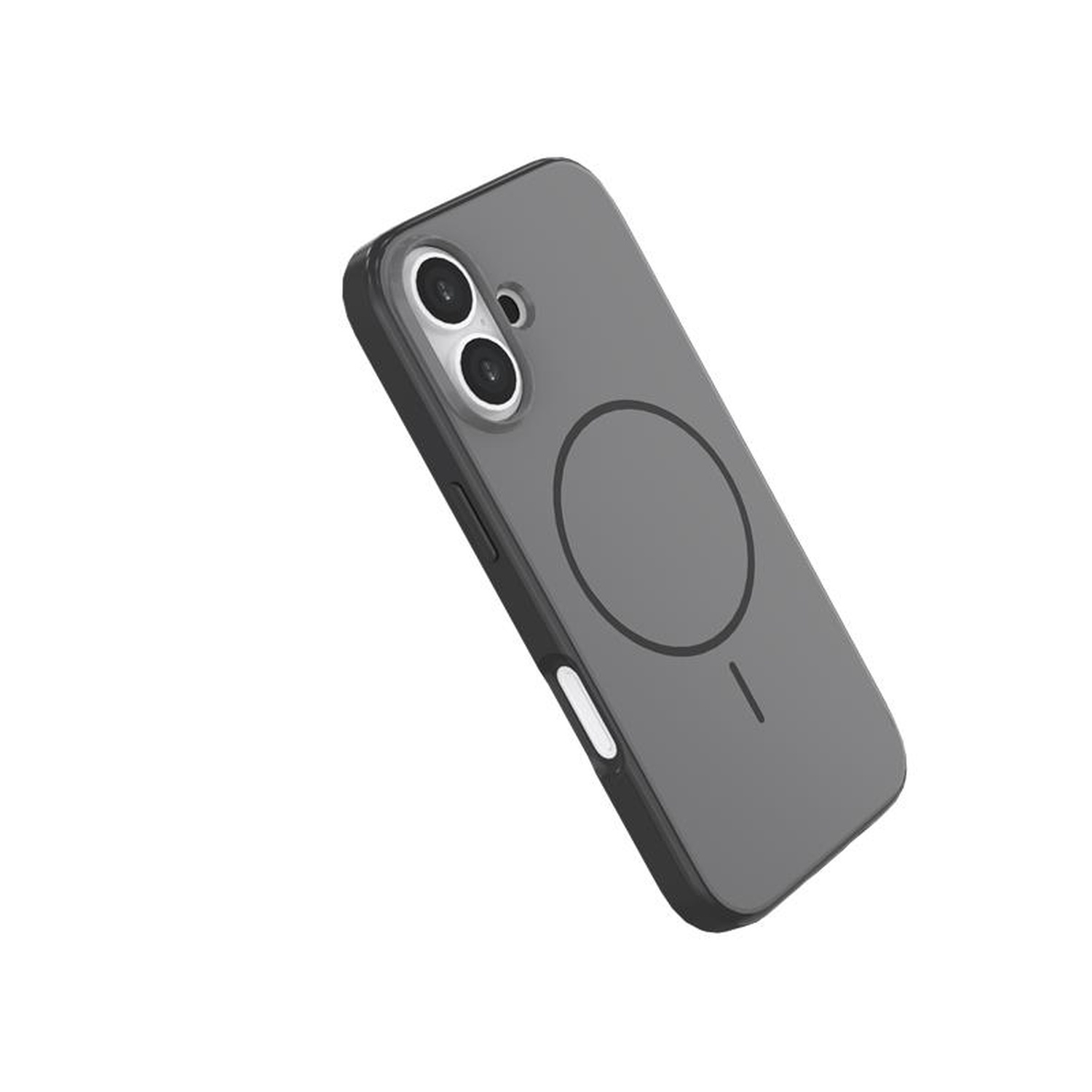 Une coque de téléphone grise, inclinée, montre une découpe de caméra, un point de charge magnétique circulaire et des bords noirs. Fond blanc.