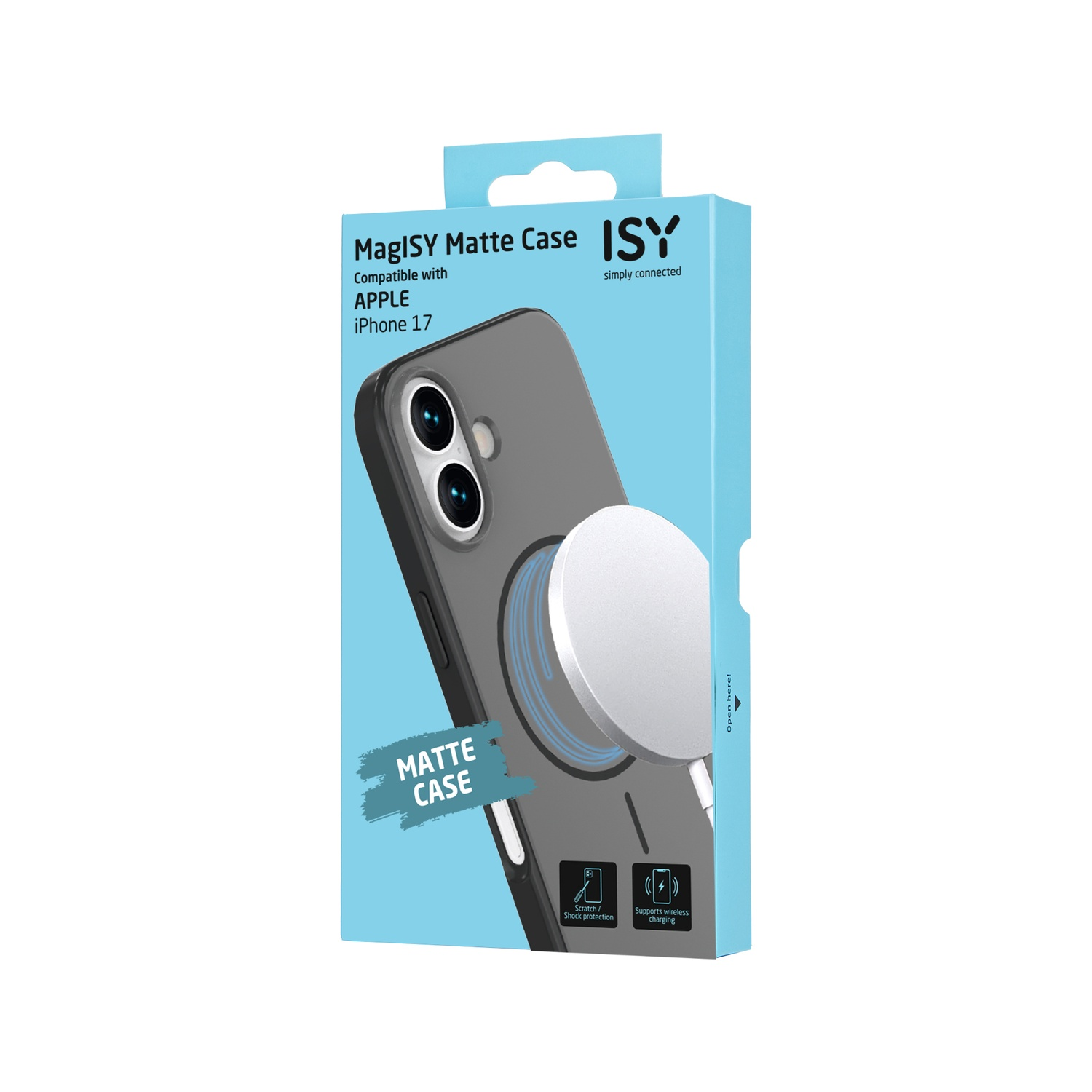 Une boîte de coque de téléphone. La boîte est bleue avec la coque visible. Texte : MagISY Matte Case compatible avec Apple iPhone 17.