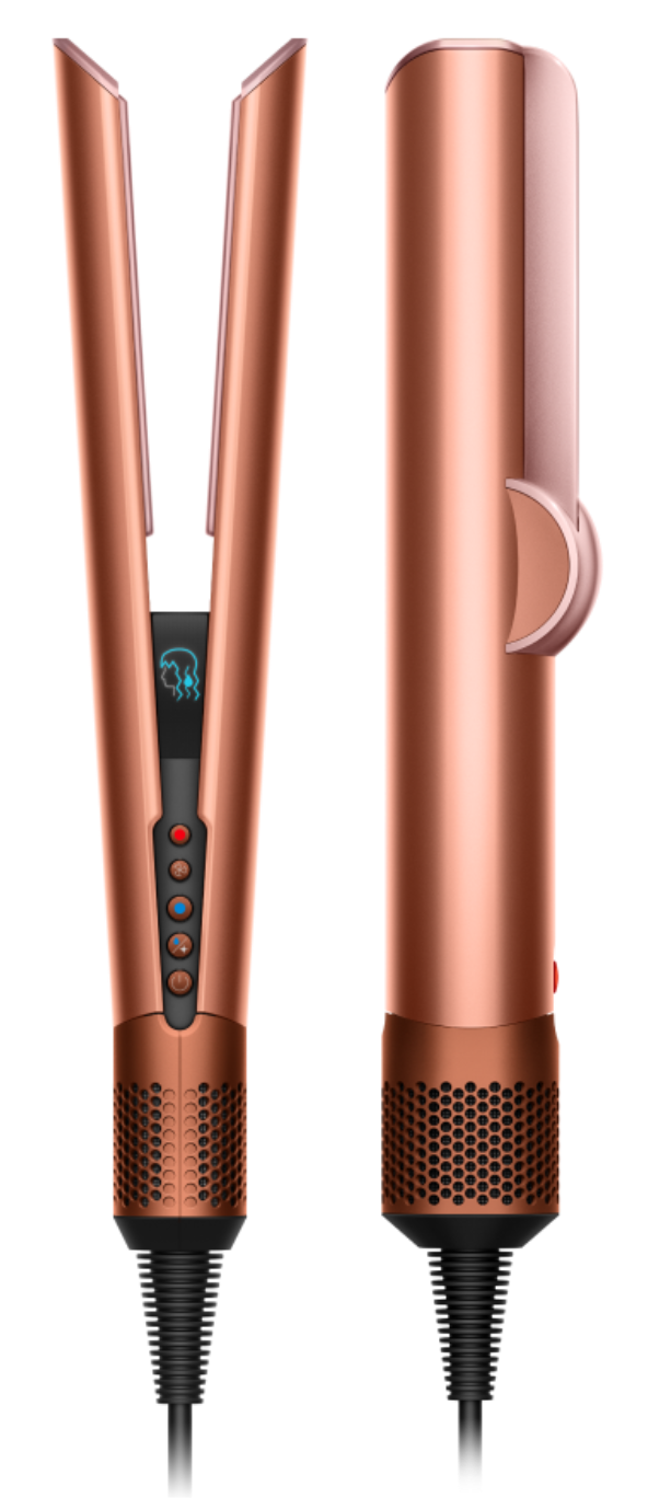Miedziana prostownica do włosów i zamknięte urządzenie. Prostownica jest otwarta, pokazując ekran i przyciski. Czarne tło.
