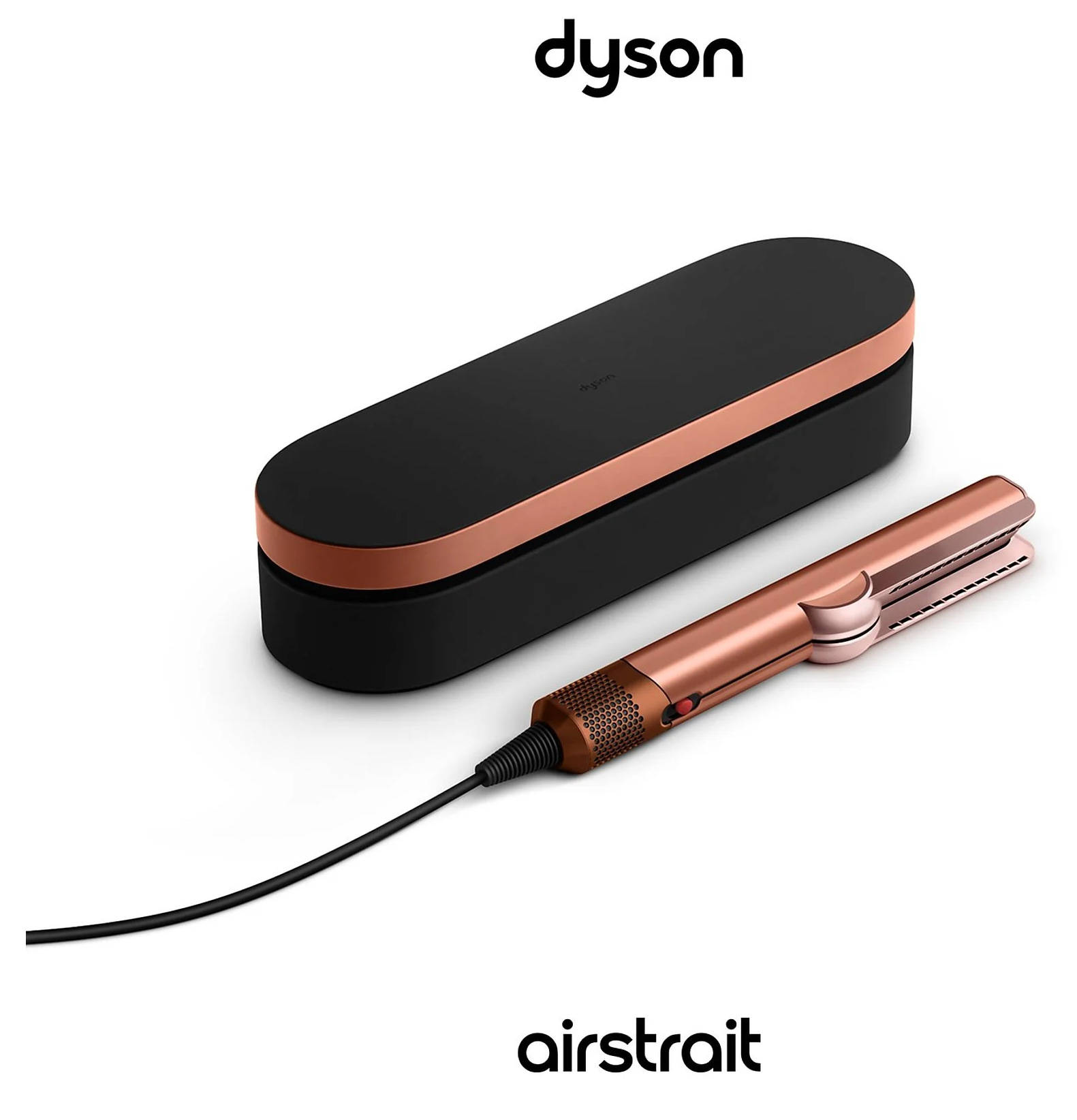 Prostownica do włosów Dyson AirStrait i etui. Prostownica jest w kolorze różowego złota i czarnym. Etui jest czarne ze złotą obwódką. Białe tło.