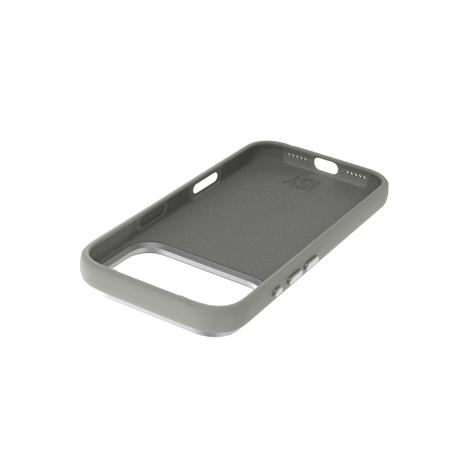 Gray phone case, angled view. The case has openings for buttons, camera, and charging port. The inside is a darker gray.