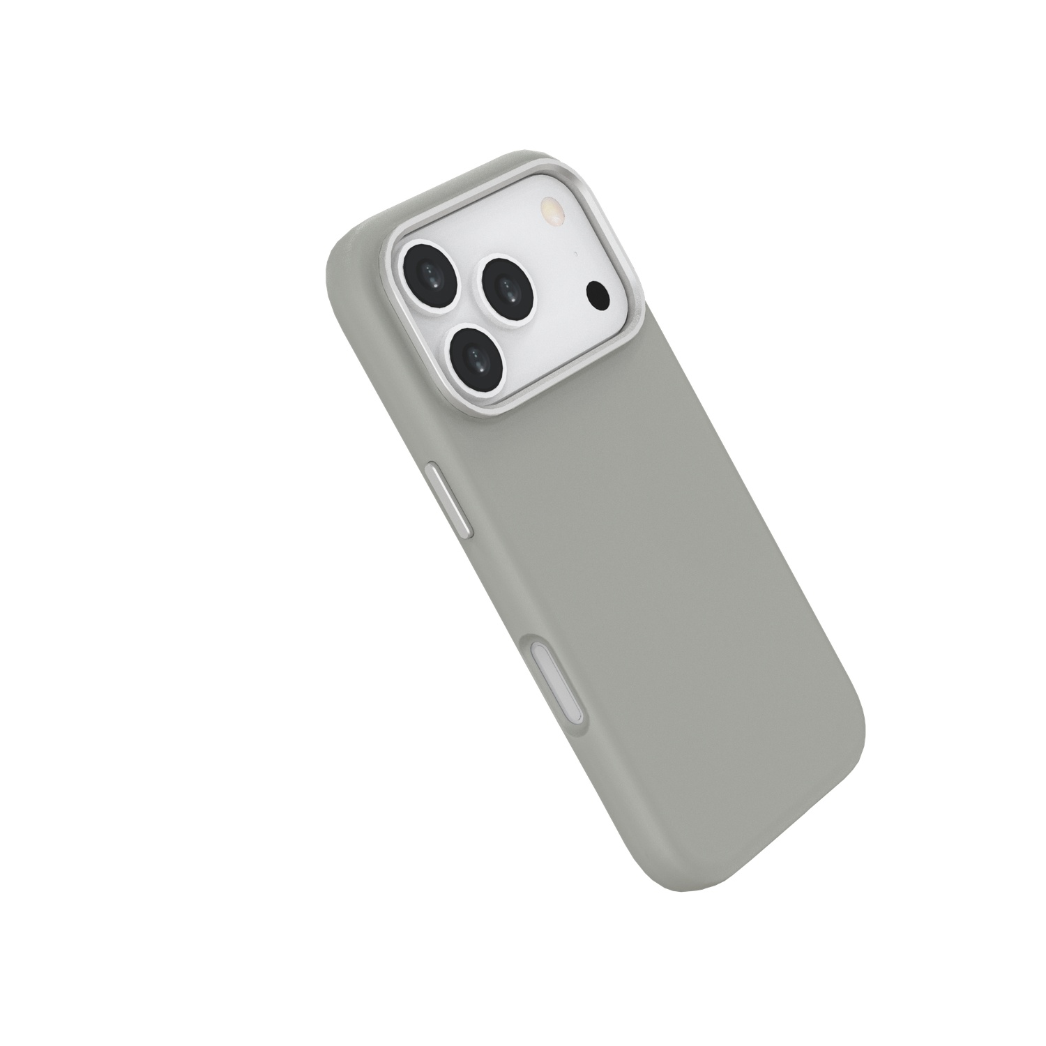 A grey phone case, angled, showing camera lenses. The case has a protective rim around the camera section and buttons on the side.