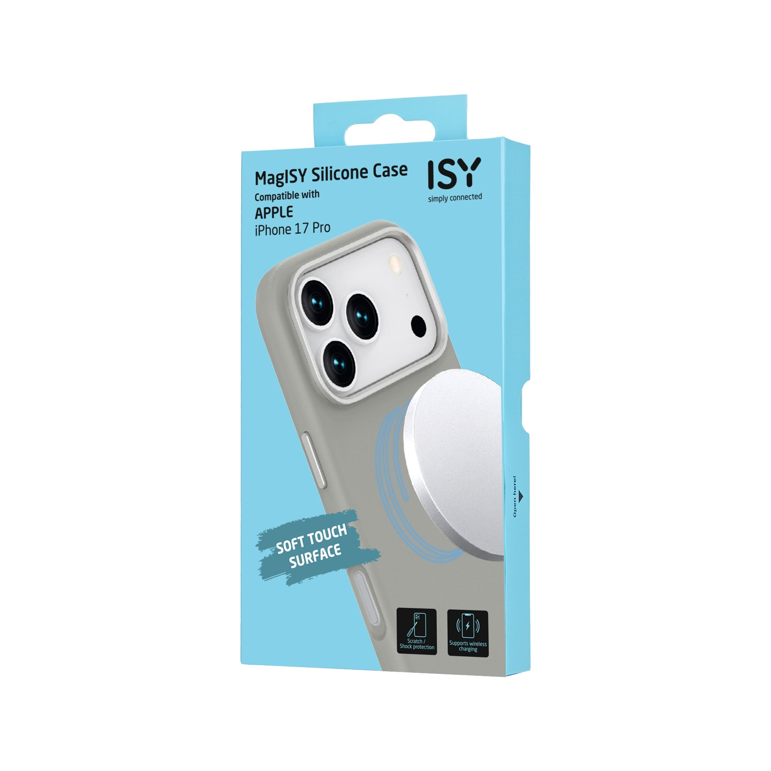 A phone case box with an iPhone 17 Pro case. The box is light blue with the brand name ISY. It has the words Soft Touch Surface on it.