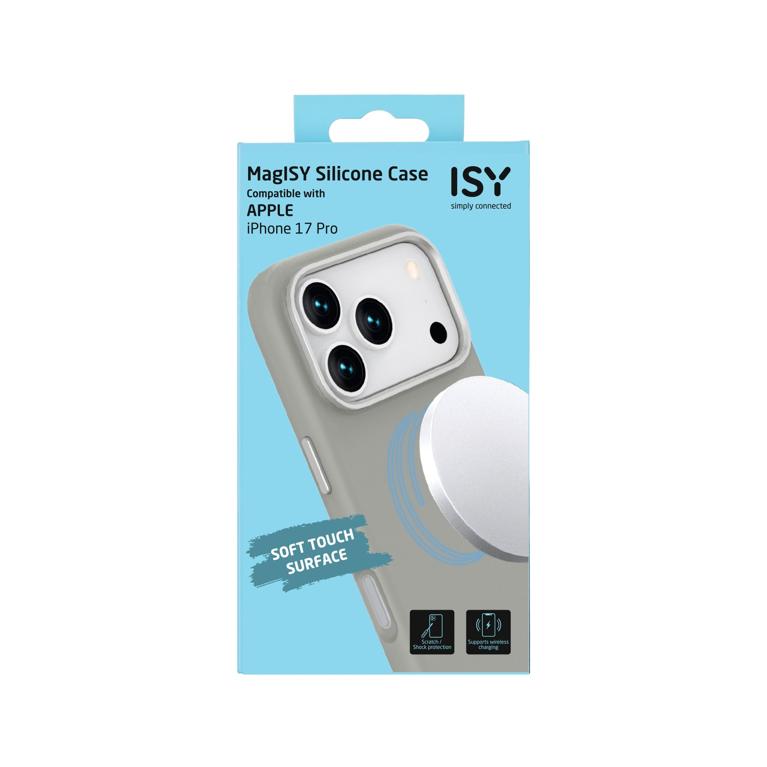 A phone case box. It has a gray phone case with camera lenses and a silver magnetic circle. Text says 'MagISY Silicone Case'.