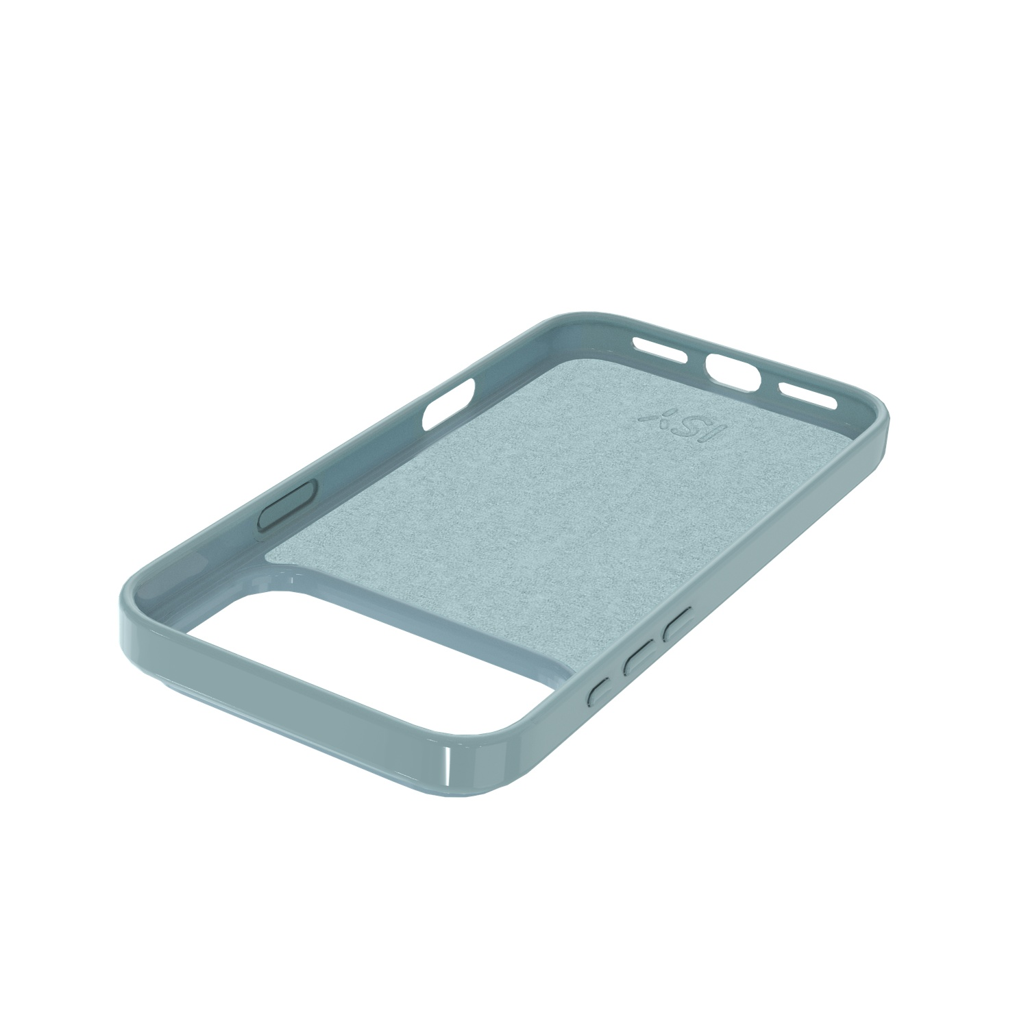 Un étui de téléphone bleu clair est présenté. L'étui est vide, avec un intérieur doux et bleu clair. Il est sur fond blanc.