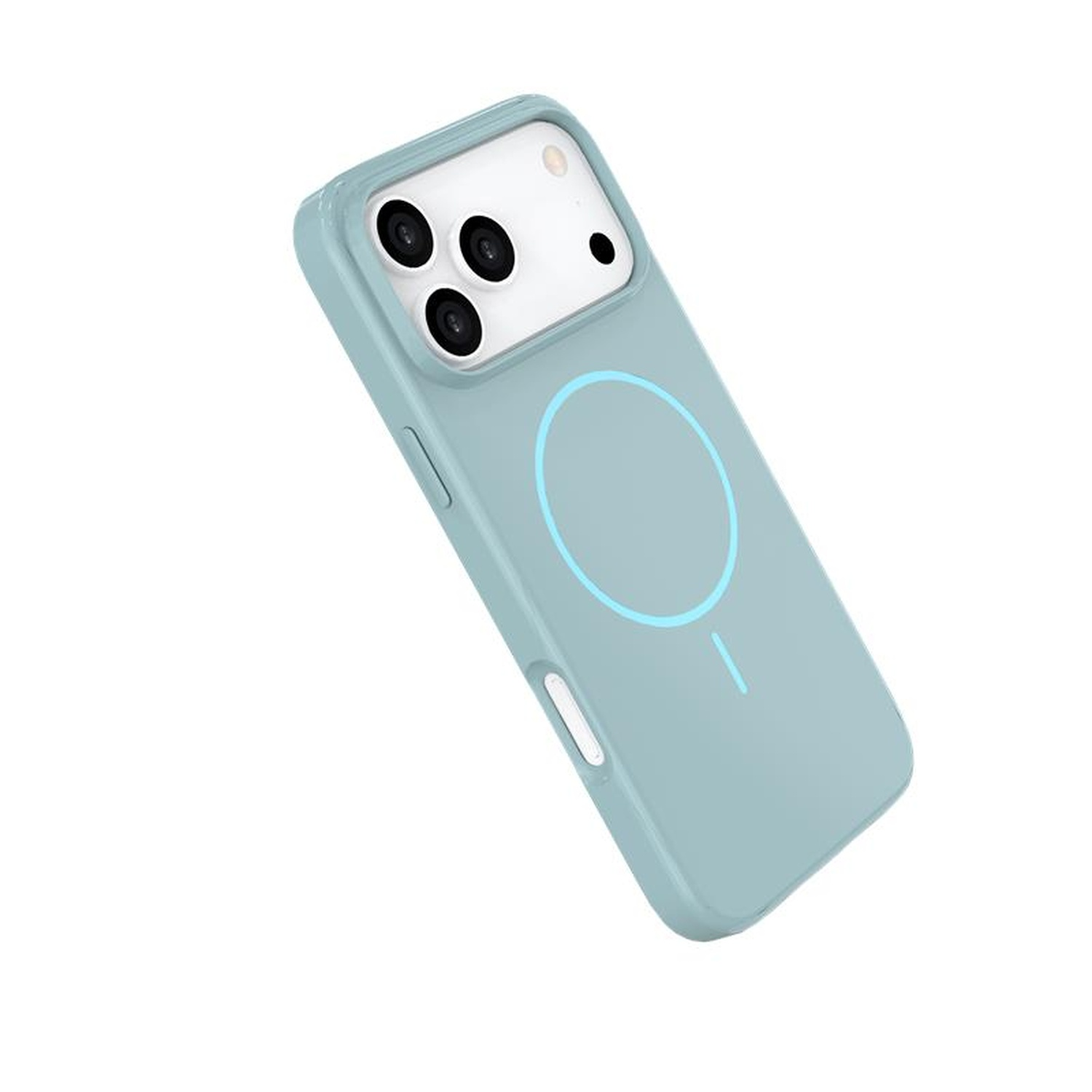Une coque de téléphone bleu clair avec un iPhone à l'intérieur. Il a un cercle MagSafe à l'arrière. Les lentilles de la caméra sont visibles.