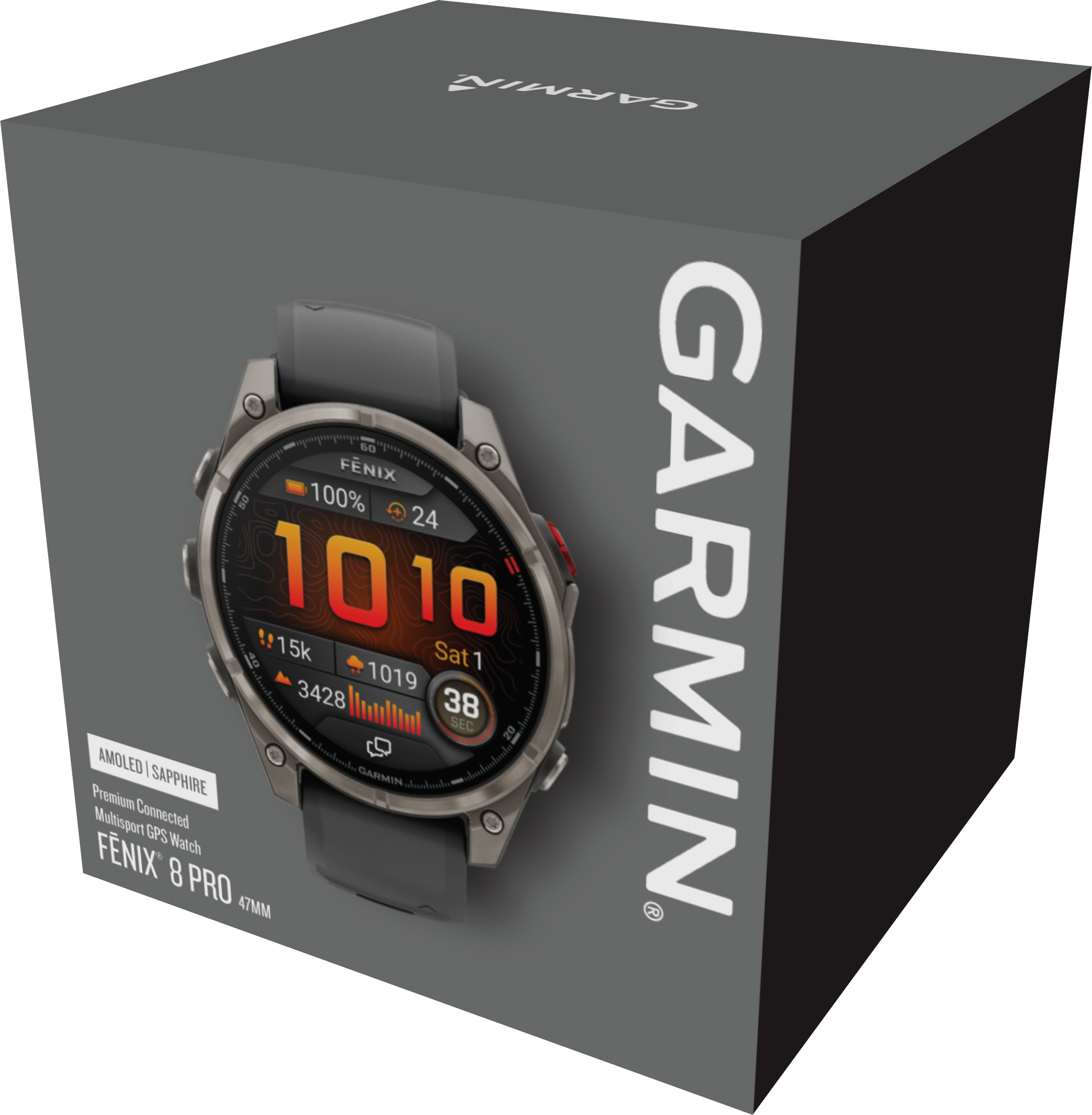 Une montre Garmin Fenix 8 Pro sur une boîte. Le cadran affiche des données. La boîte est gris foncé avec le logo Garmin.