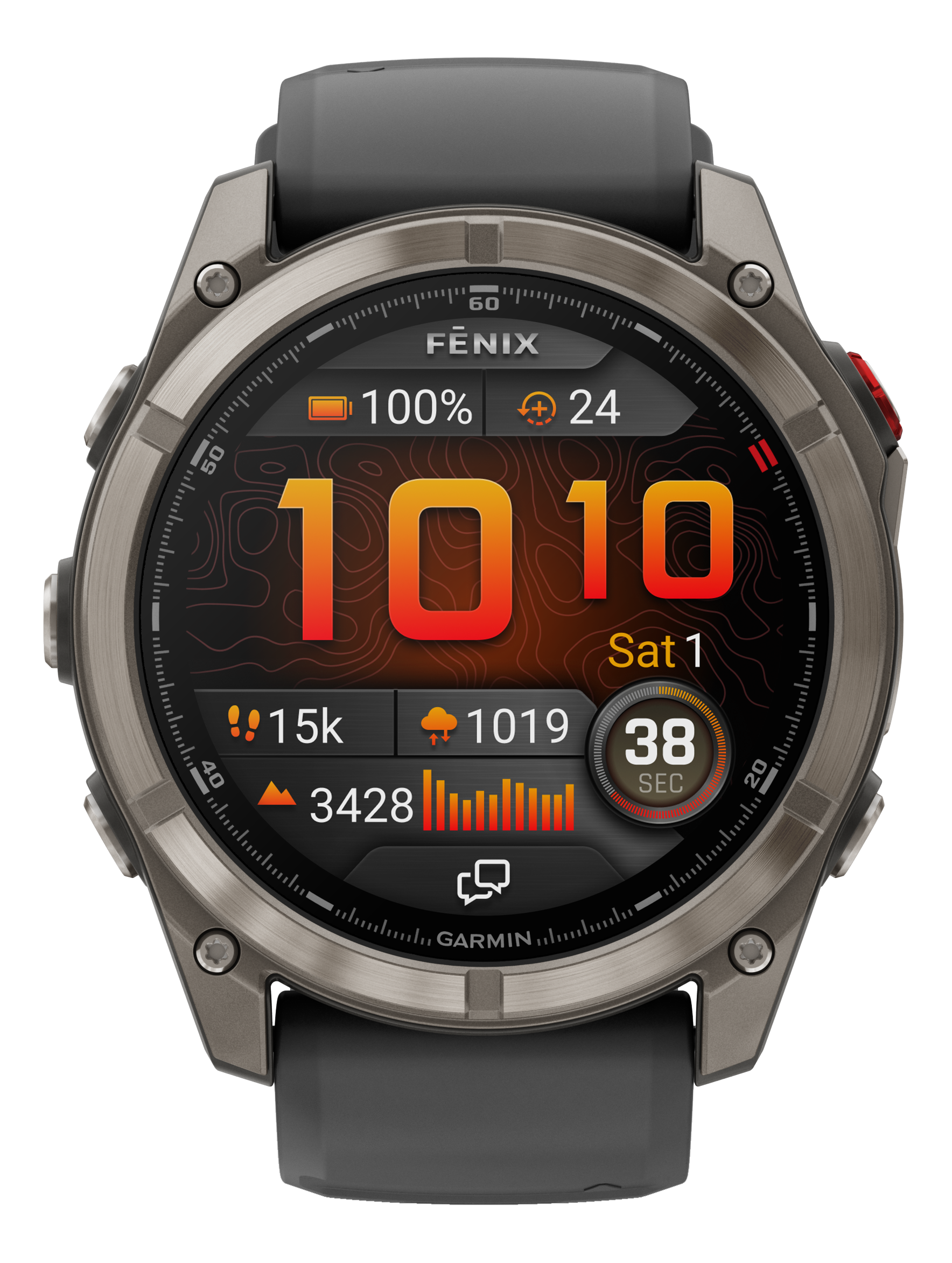 Un orologio Garmin Fenix mostra ora, batteria, passi, altitudine, meteo e altri dati su sfondo nero.