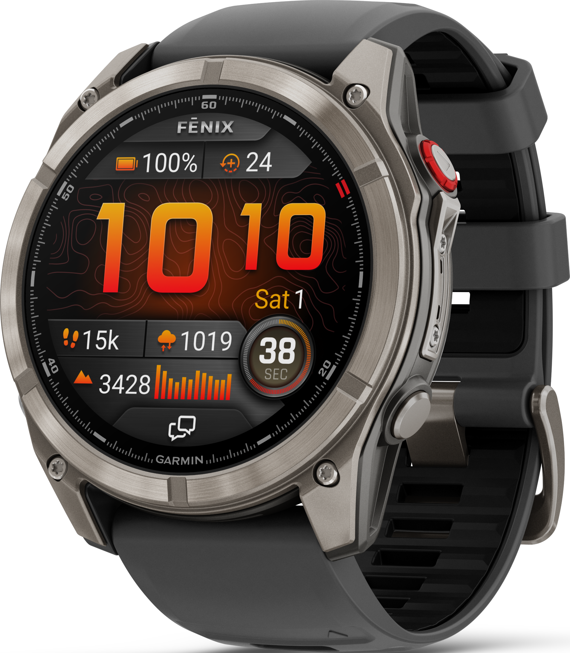 Uno smartwatch Garmin Fenix mostra ora, batteria e statistiche di attività su sfondo nero. L'orologio è argento con cinturino nero.