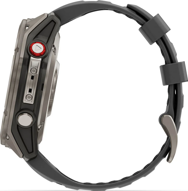 Vista laterale di uno smartwatch grigio con cinturino nero e fibbia argentata. L'orologio ha pulsanti e un accento rosso.