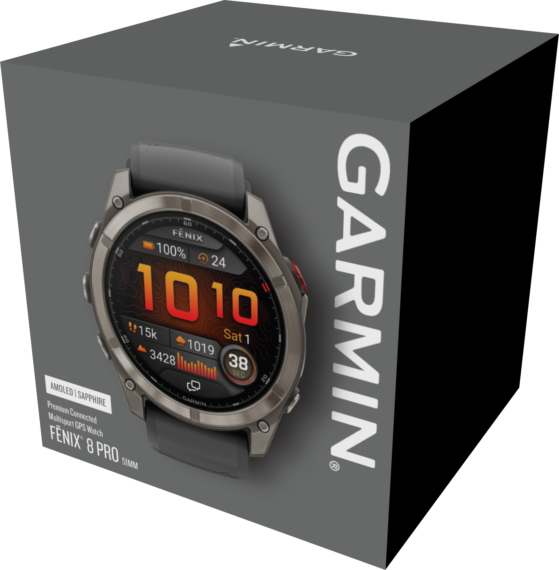 Un orologio Garmin Fenix 8 Pro è esposto sulla sua scatola. L'orologio mostra dati sullo schermo. La scatola è grigio scuro con il logo Garmin.