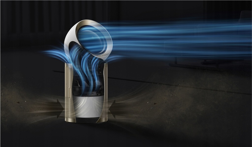 Oczyszczacz powietrza z niebieskimi strumieniami powietrza. Urządzenie jest srebrne i złote. Ciemne tło z sugestią pokoju.