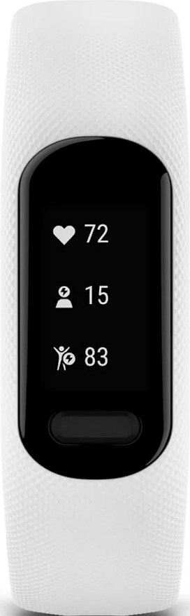 Fitness tracker bianco. Schermo nero mostra frequenza cardiaca (72), livello attività (15) e passi (83).