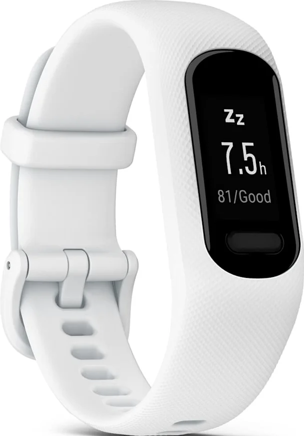 Un fitness tracker bianco mostra dati sul sonno: 7,5 ore, 81/Buono. Il cinturino è bianco con superficie strutturata e schermo nero.