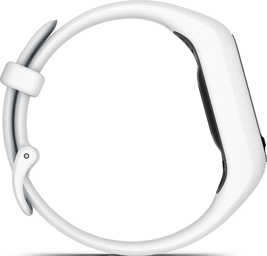 Un orologio fitness tracker bianco con schermo nero e cinturino bianco. L'orologio è in posizione circolare.