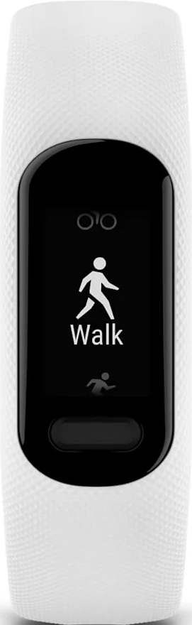 Tracker fitness bianco con schermo nero che mostra un'icona di camminata e la parola 'Walk'. Lo schermo ha un pulsante in basso.