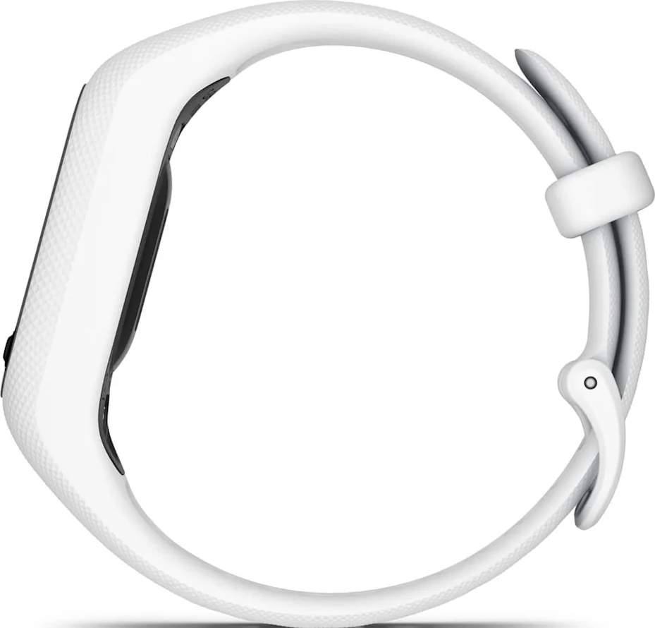 Un smartwatch bianco è mostrato di profilo, il cinturino è curvo. Il quadrante è nero. Il cinturino è bianco con un motivo strutturato.
