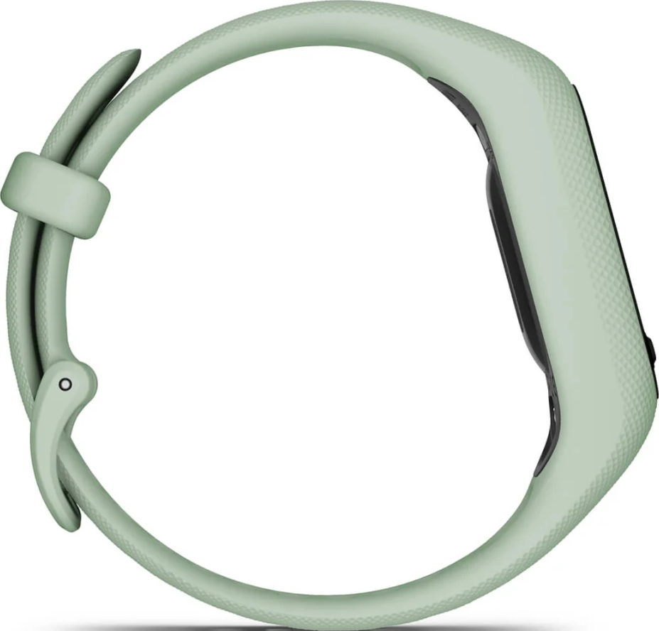 Uno smartwatch verde chiaro. Il cinturino è ad anello. Il quadrante è nero.