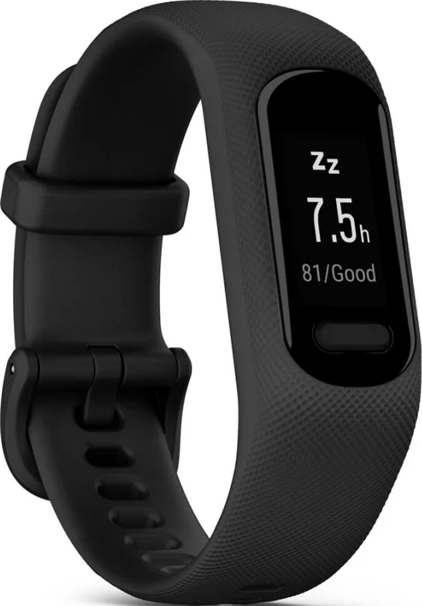 Uno smartwatch nero mostra i dati del sonno. Mostra 7,5 ore di sonno e 81/Buono. Il cinturino è strutturato.