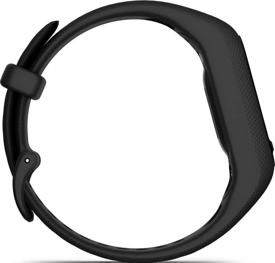 Un fitness tracker nero di forma circolare, che mostra il cinturino e la superficie del tracker. Il cinturino è collegato con una fibbia.