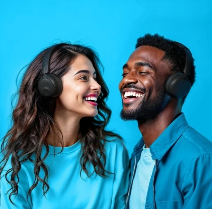 Uśmiechnięta para w słuchawkach na niebieskim tle. Patrzą na siebie, śmieją się i są ubrani na niebiesko.