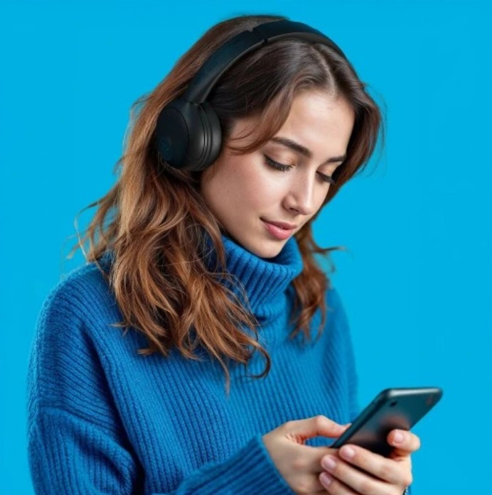 Kobieta ze słuchawkami i niebieskim swetrem patrzy na telefon. Ma brązowe włosy, a tło jest niebieskie.