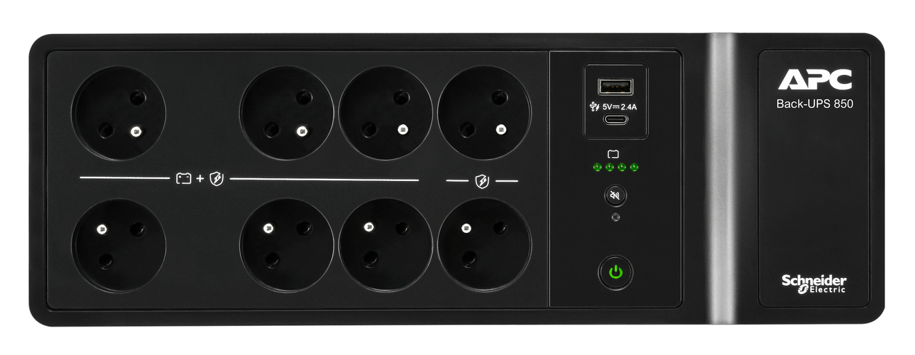 Czarny APC Back-UPS 850 z ośmioma gniazdami zasilania, portem USB, diodami statusu i przyciskiem zasilania. Logo Schneider Electric.