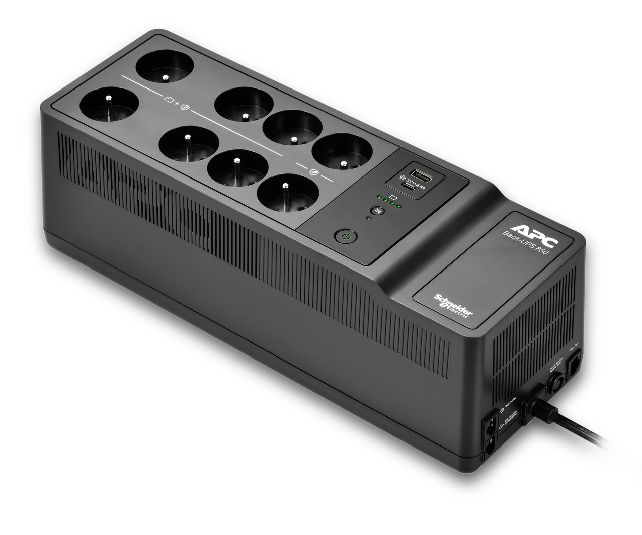 Czarny listwa zasilająca APC Back-UPS 650 z wieloma gniazdami, portami USB i kontrolkami. Kabel zasilający jest podłączony.