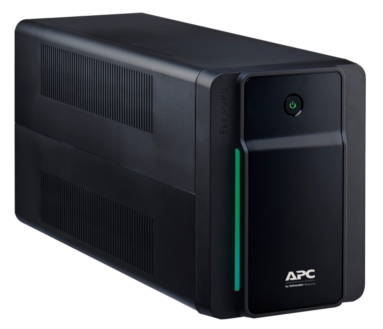 Czarny APC Easy-UPS. Przycisk zasilania jest zielony. Zielone światło z przodu. Logo APC by Schneider Electric na dole.