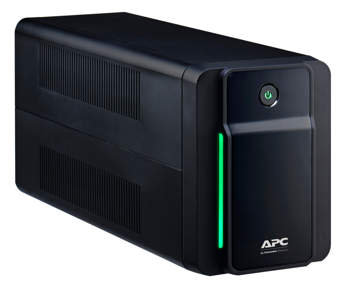 Czarny zasilacz awaryjny (UPS) APC. Ma przycisk zasilania, zielone światło i logo APC. Znajduje się na białym tle.