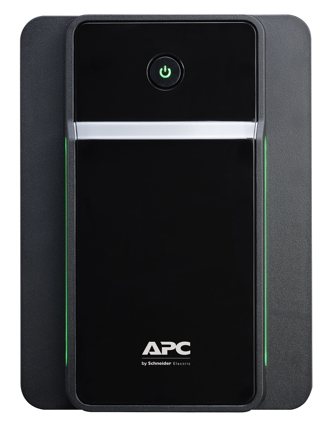 Czarne urządzenie APC UPS z zielonym przyciskiem zasilania. Ma zieloną obwódkę i logo APC.
