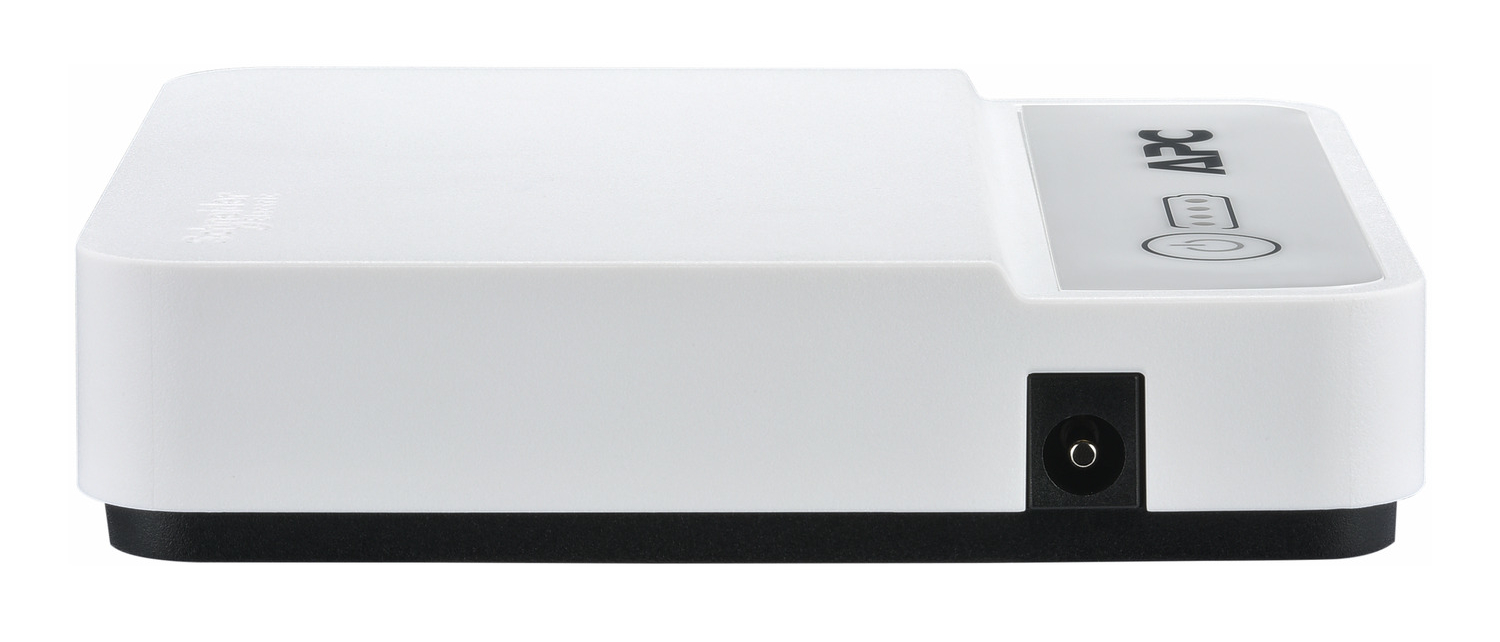 Białe urządzenie UPS APC z czarną podstawą i portem wejściowym zasilania. Posiada przycisk zasilania i wskaźniki baterii.