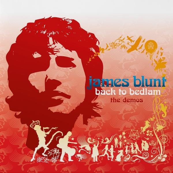 Album borító, egy férfi arcának piros sziluettjével. Szöveg: James Blunt Back to Bedlam. Díszítőelemek pirosban és aranyban.