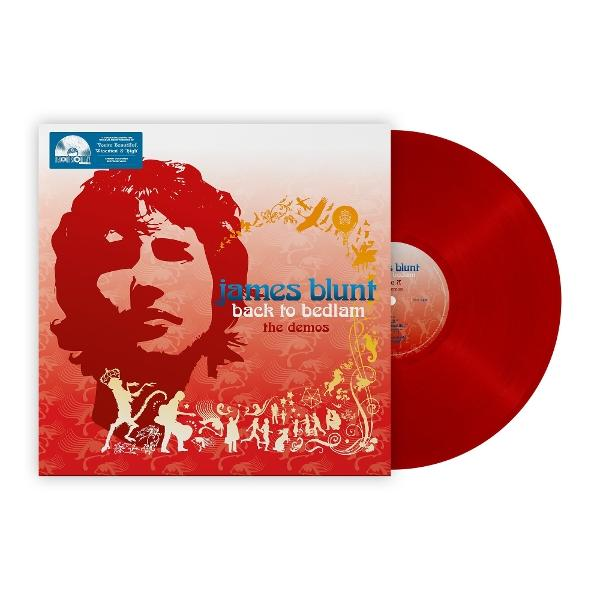 James Blunt 'Back to Bedlam: The Demos' című vinyl albuma. Piros borító és lemez. A borítón piros arc és különféle figurák láthatók.