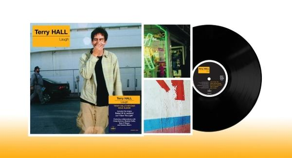 Albumcover von Terry Hall, "Laugh", neben Bildern von Neonreklame, Graffiti und einer Schallplatte.
