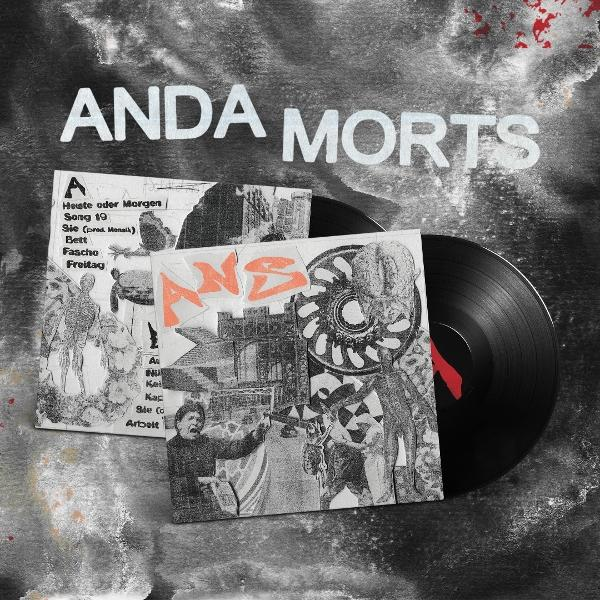 Albumcover mit Text 'ANDA MORTS', zwei Schallplatten und Albumcover-Kunst mit Schwarz-Weiß-Grafiken und etwas orangefarbenem Text.
