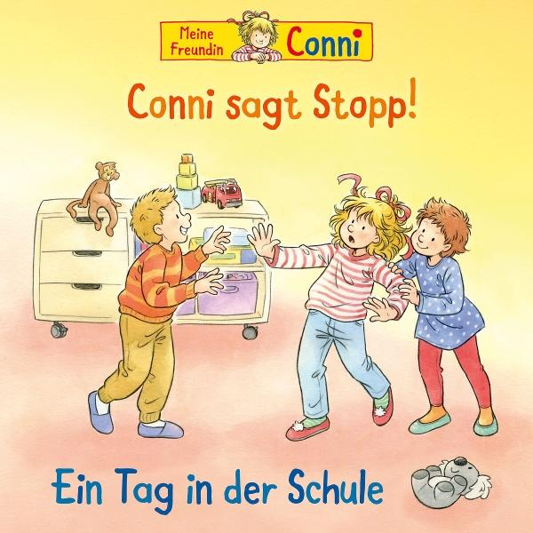 Illustration von Kindern in einem Klassenzimmer. Ein Junge und zwei Mädchen interagieren in der Nähe eines Schrankes mit Spielzeug.