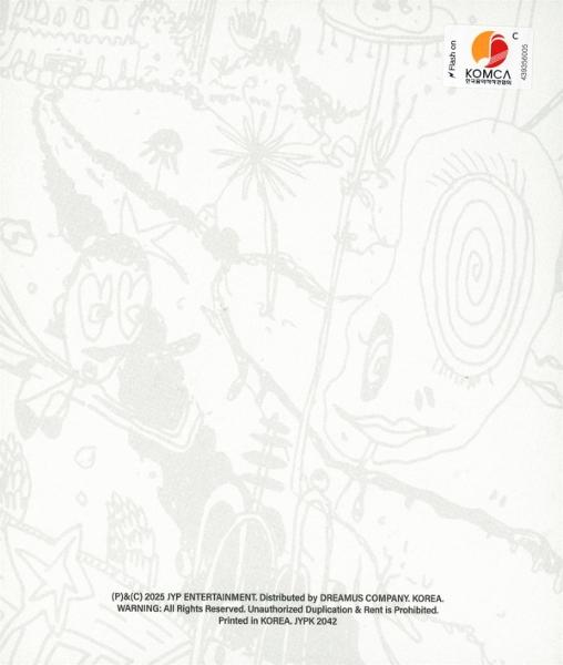 Weißer Hintergrund mit schwachen Zeichnungen von Gesichtern, Pflanzen und Text. Oben rechts ein KOMCA-Aufkleber. Urheberrechtsinformationen unten.