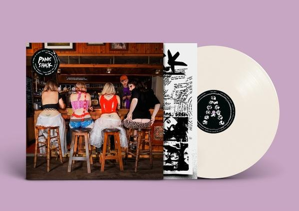 Albumcover: Frauen an einer Bar, Vinyl-Schallplatte rechts. Vinyl ist cremefarben mit schwarzem Etikett.