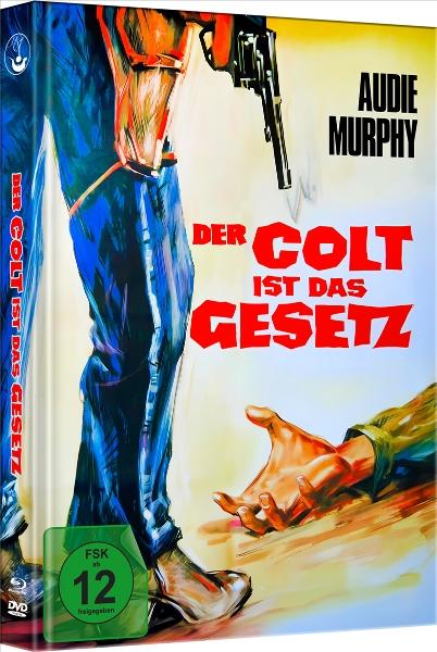 Filmposter mit einem Mann, der eine Pistole hält, Titel "Der Colt ist das Gesetz" und dem Namen Audie Murphy. Eine Hand greift aus.
