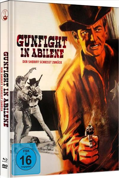 DVD-Cover von 'Gunfight in Abilene'. Cowboys im Schusswechsel, Sheriff hält eine Waffe. Titel und Bewertung sichtbar.