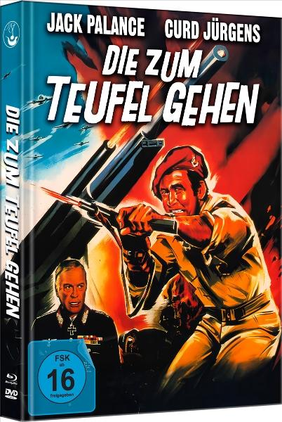Filmcover: Mann in Uniform zielt mit einer Waffe, Titel "Die Zum Teufel Gehen". Anderer Mann in Uniform im Hintergrund.