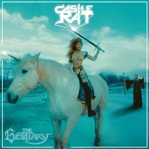 Frau mit Schwert auf Einhorn. Zauberer im Hintergrund. Albumcover für Castle Rat - The Bestiary.